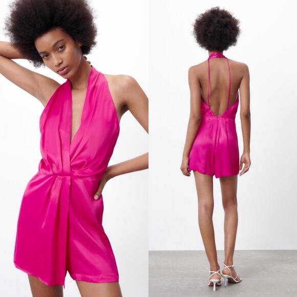 NWT Zara Pink Satin Halter Romper Small Silky Night Out Party Outfit - Picture 1 of 12